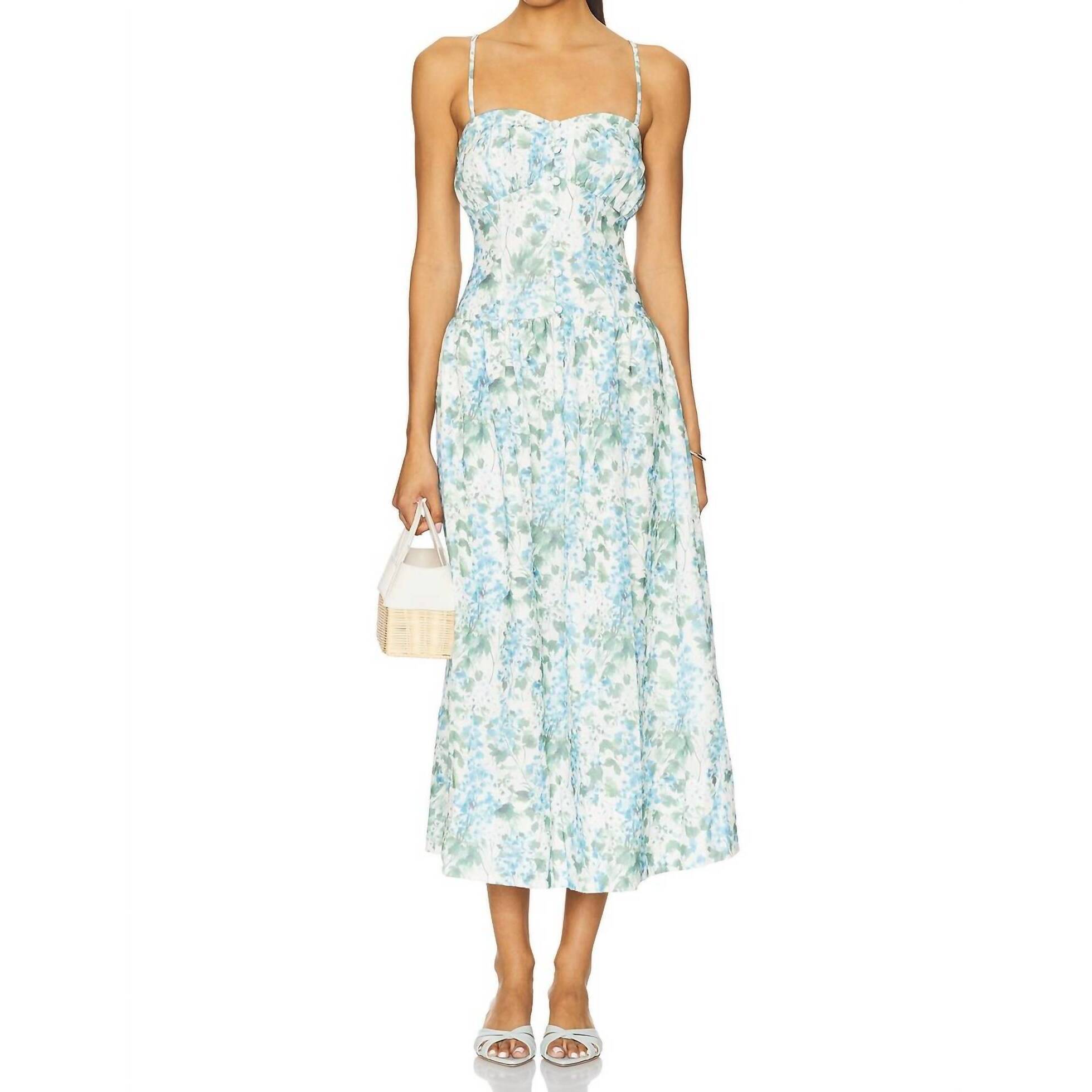 New Astr Capria Midi Dress In Blue Green Floral